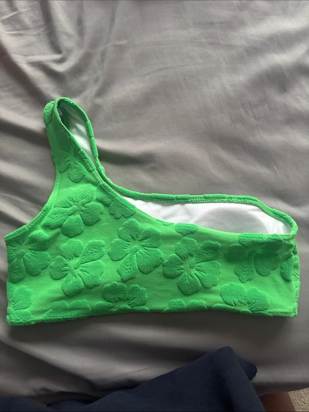 preppy bright green bikini top with flowers one strap *